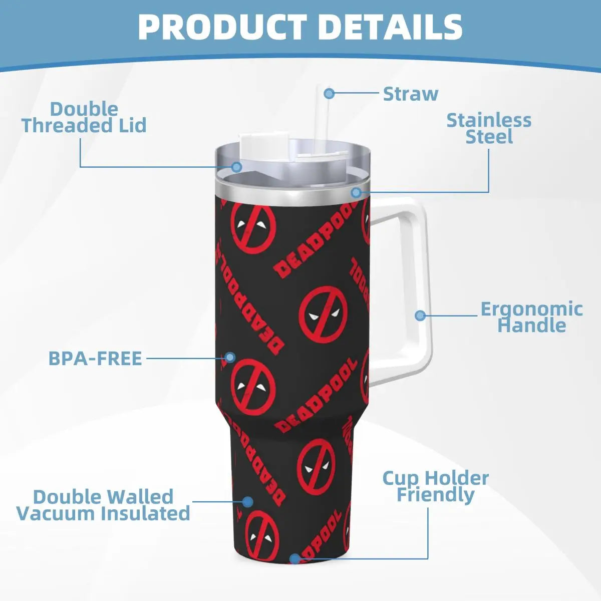 Deadpool 40oz tumbler filled with ice, highlighting its temperature retention capabilities.