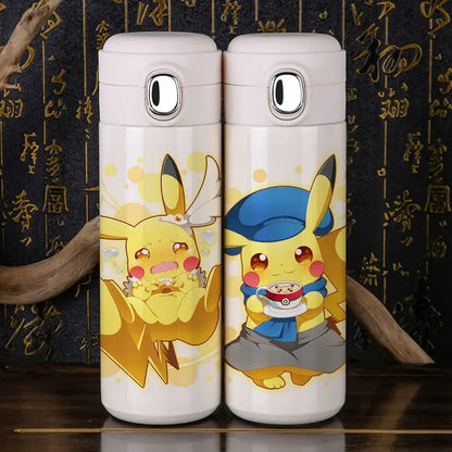 Pikachu Thermos - Close-up on Pikachu design, yellow background, 350ml.