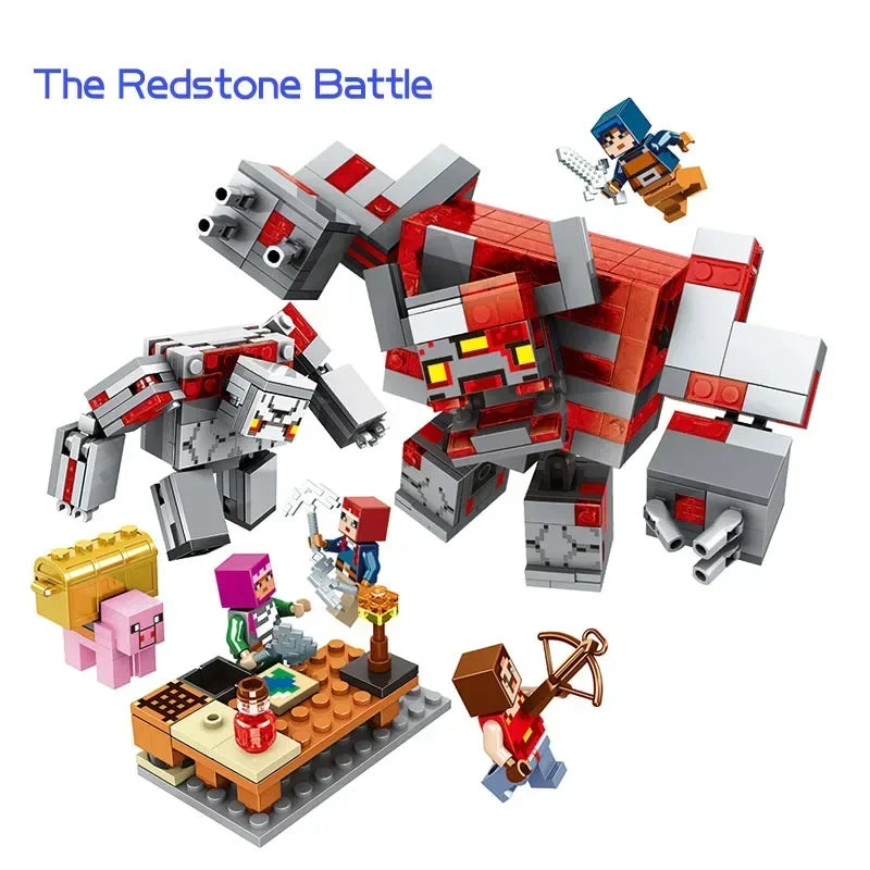 Minecraft Redstone Battle: Giant Redstone Monstrosity with posable limbs and four Minecraft hero figures.