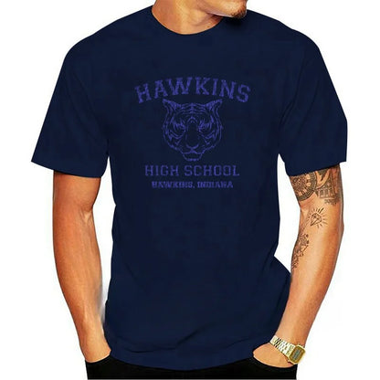 Stranger Things Hawkins High School 539 Men's T-Shirt, Back Detail, Logo Close-Up