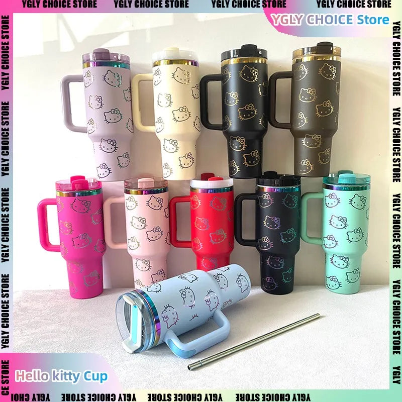 Hello Kitty 40oz insulated tumbler with straw, stainless steel design.