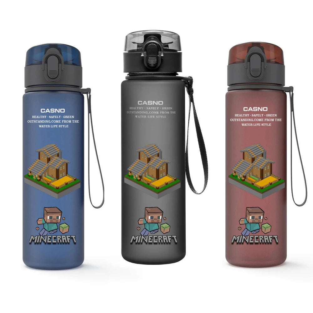 Official MINISO Minecraft water bottle with lid open, ready to drink.