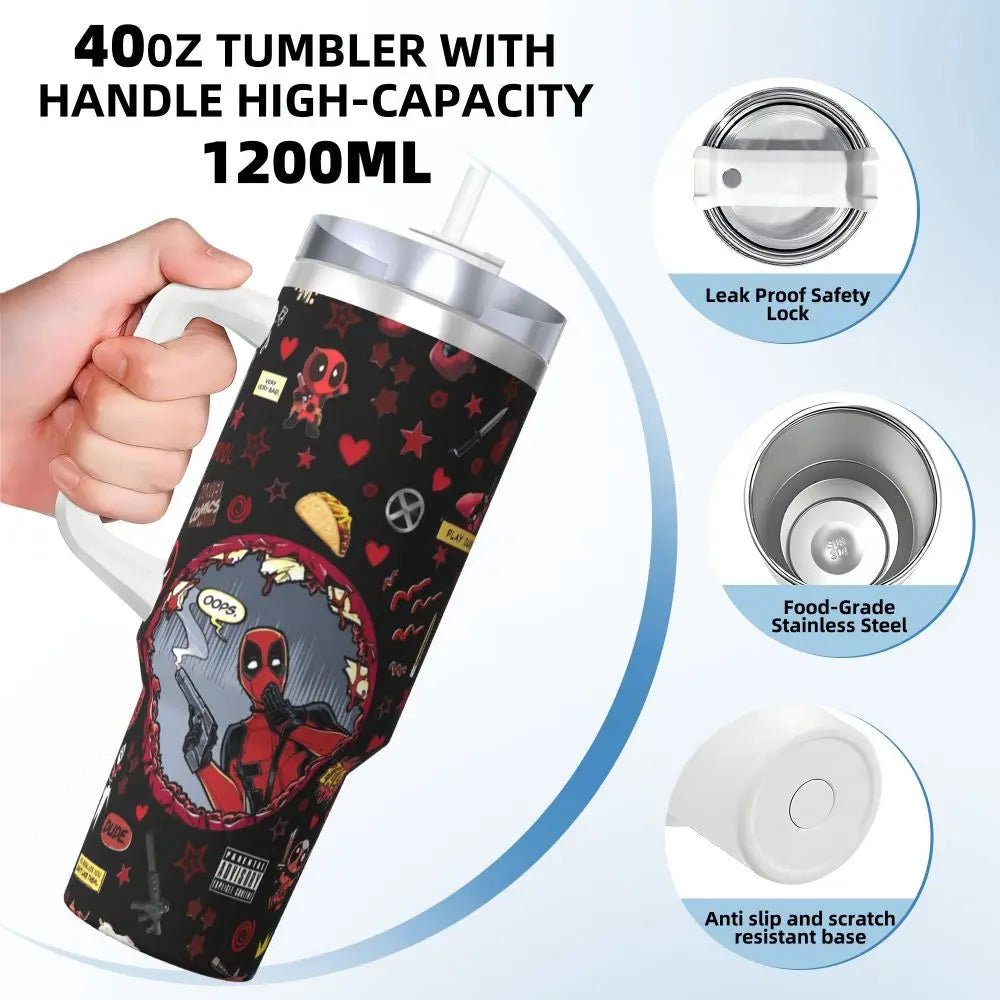 Deadpool Stainless Steel Tumbler with Straw & Lid | Insulated Travel Mug | Hot & Cold Drinks