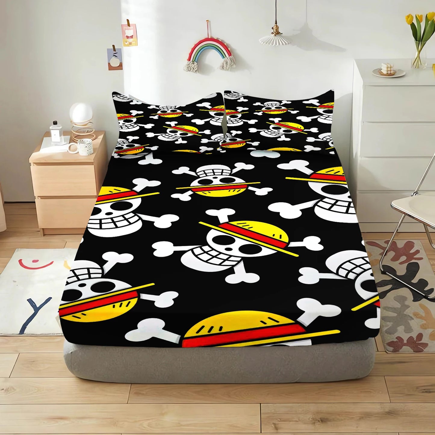 One Piece Luffy fitted sheet set, twin size, showcasing Luffy's iconic straw hat and Jolly Roger symbol.