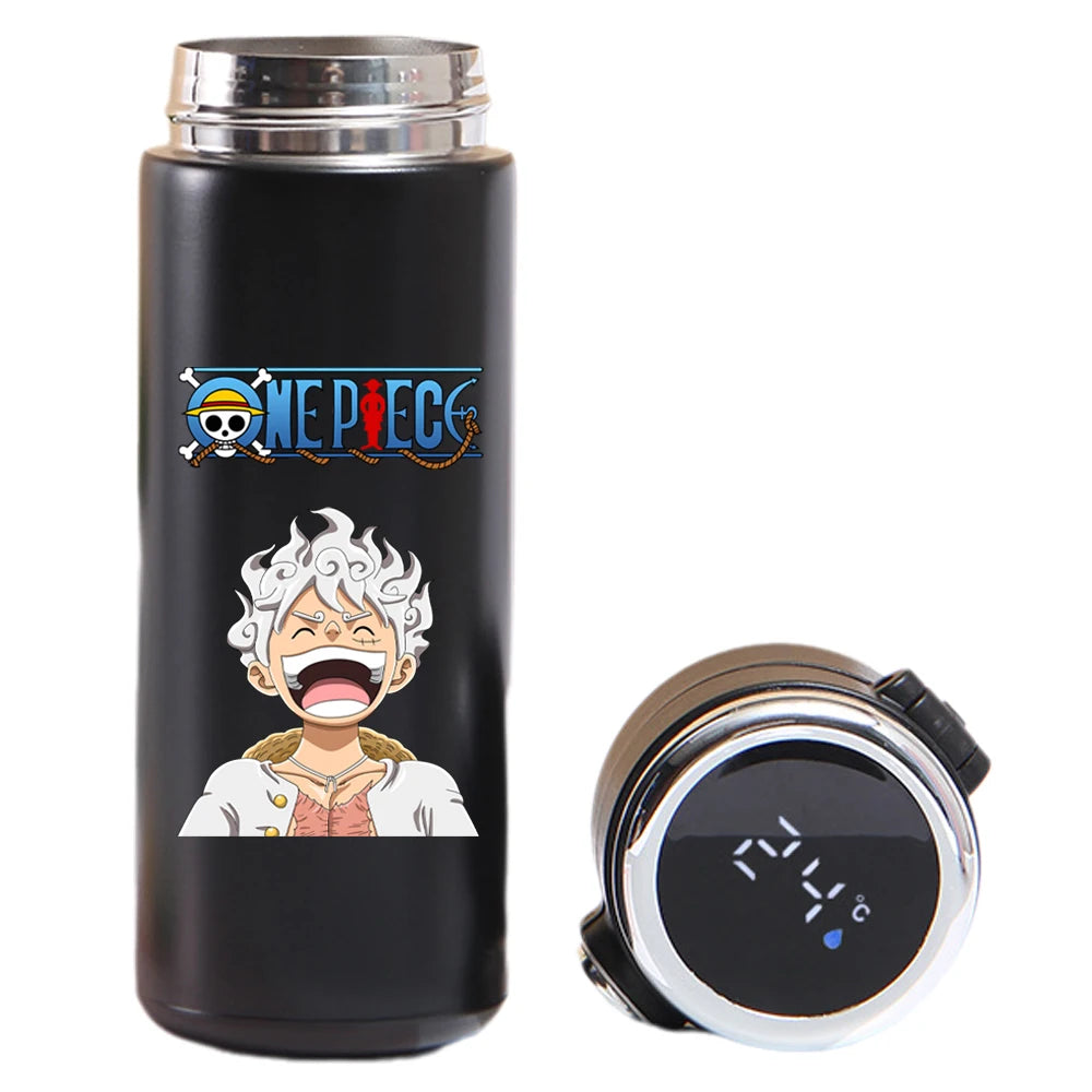 Thermos cup featuring Luffy, Uta, Yamato from One Piece, smart display.