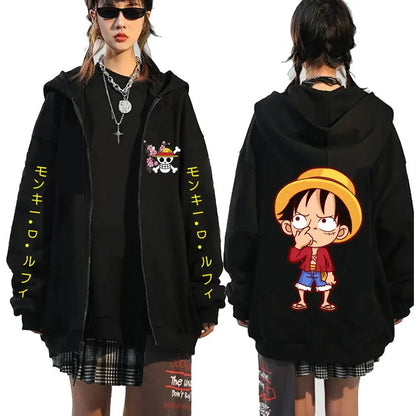 One Piece Anime Hoodie: Zipper Detail. (Emphasizes specific element)