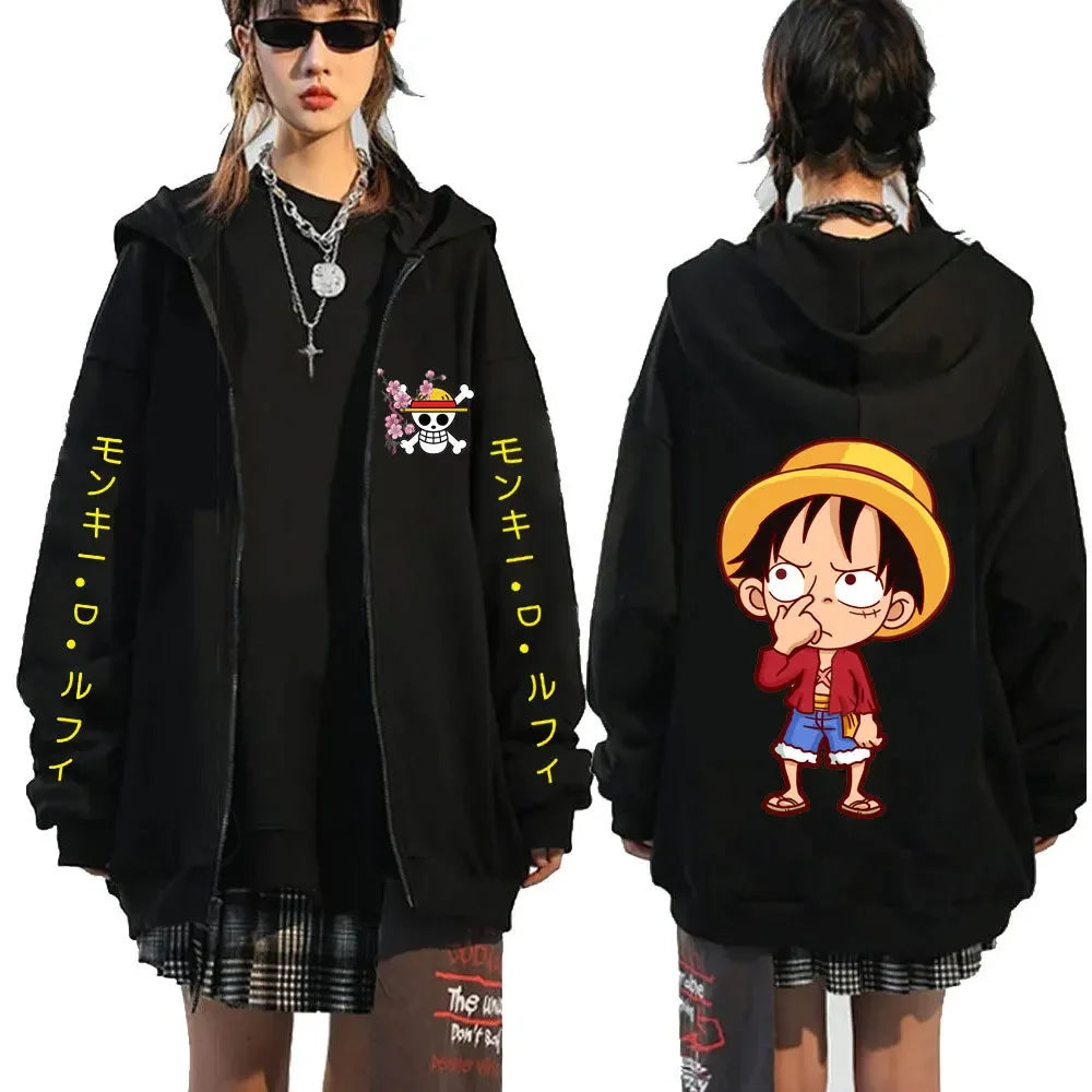 Black anime hoodie, back view, featuring Luffy and Zoro One Piece design.