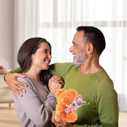 Red rose bear, close-up on foam roses, Valentine's Day gift idea