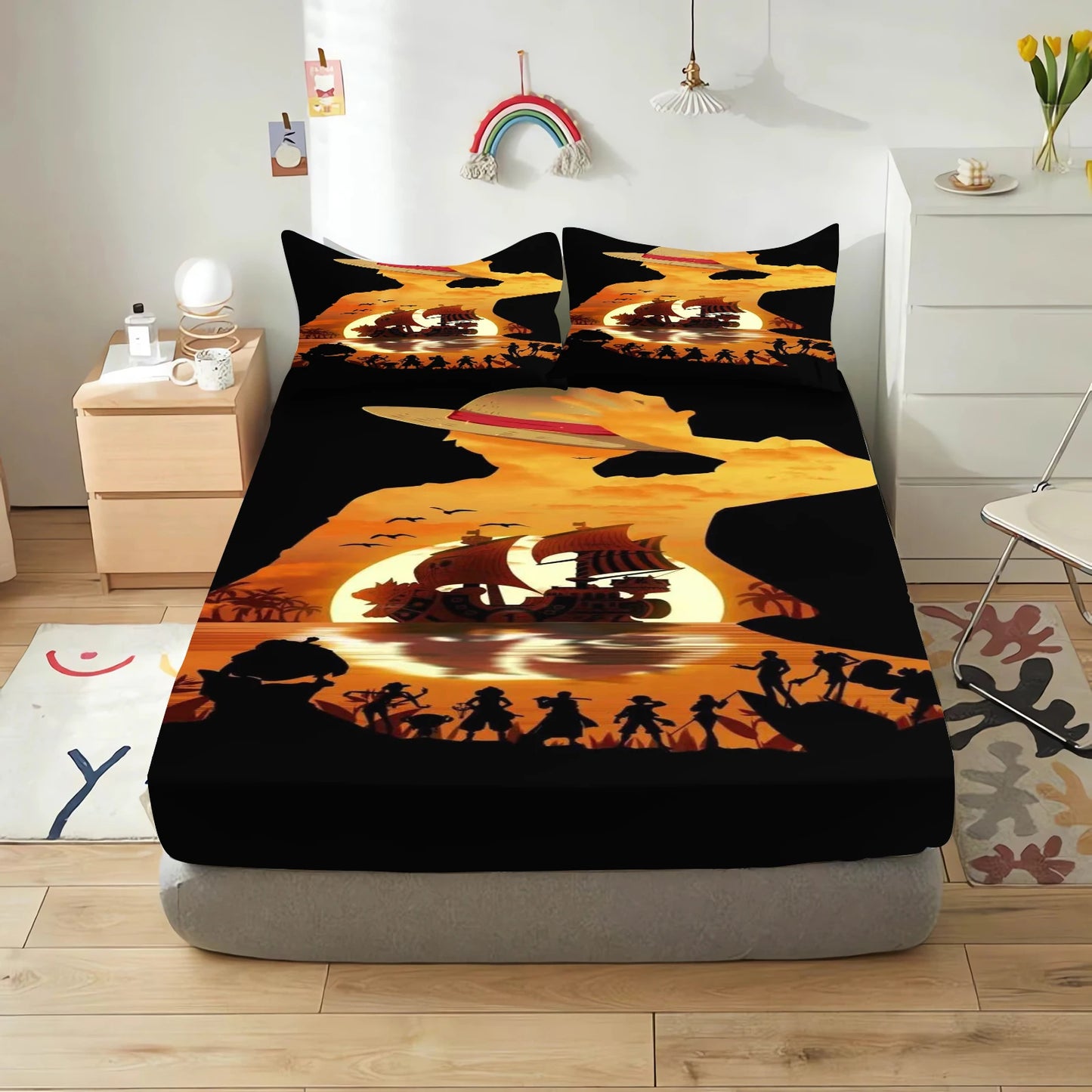 Queen-size One Piece Luffy fitted sheet set, soft polyester, featuring a dynamic Luffy action pose.