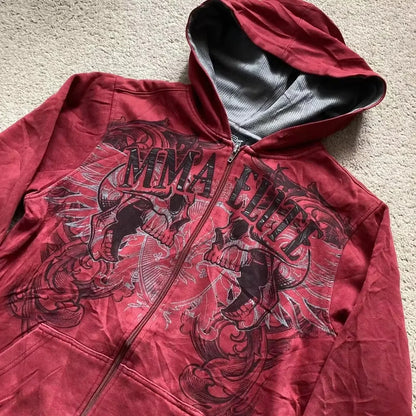 Back view of red Y2K hoodie with vintage skull and snake design.