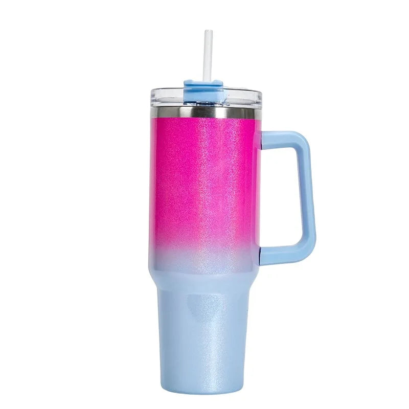 DUTRIEUX 40oz insulated tumbler with handle and straw, rainbow glitter, angled product shot.