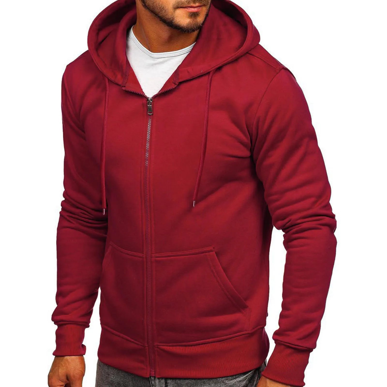 Men's Burgundy Fleece Hoodie - Model Wearing, Front View, Demonstrating Fit