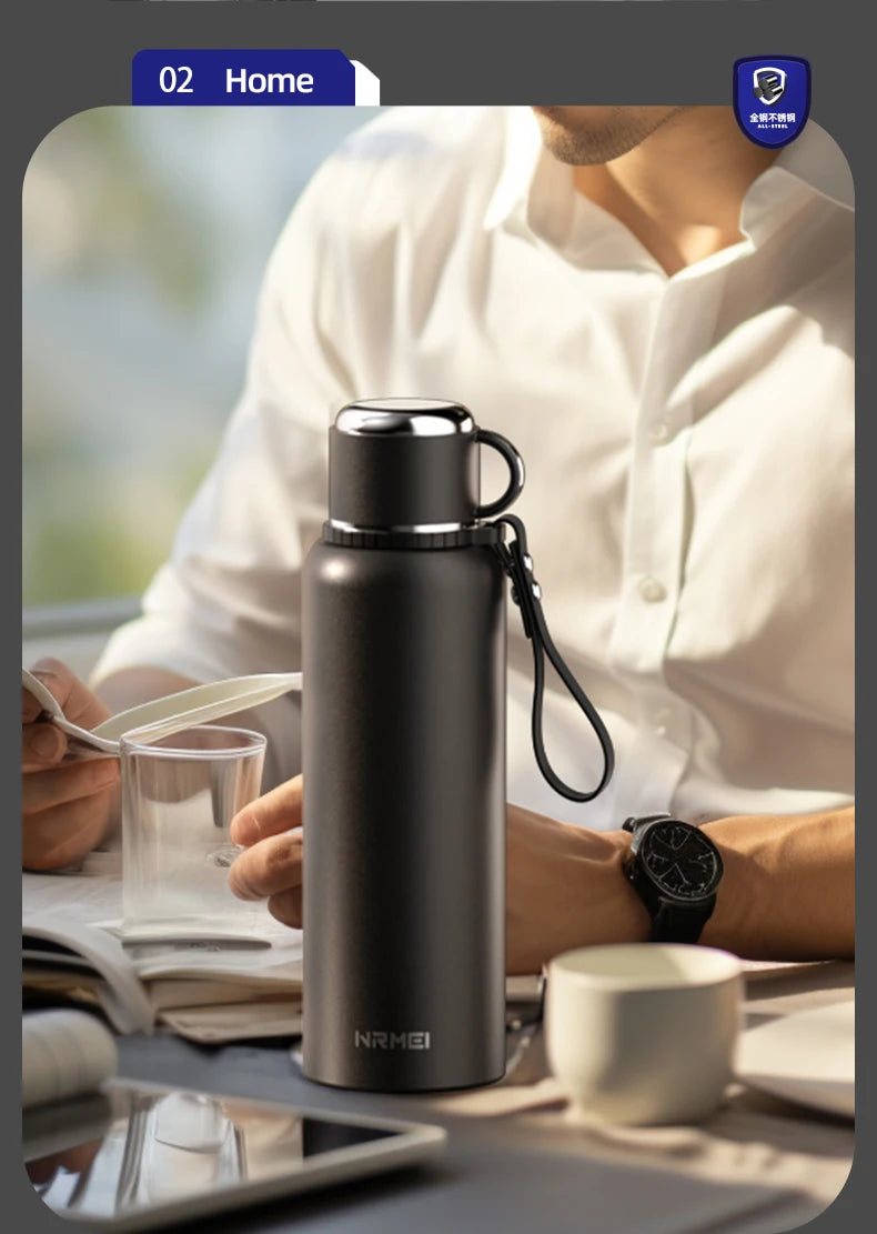 nRMei Thermos with Temperature, Stainless Steel, Hot and Cold Drinks, Tea Filter, Carry Rope