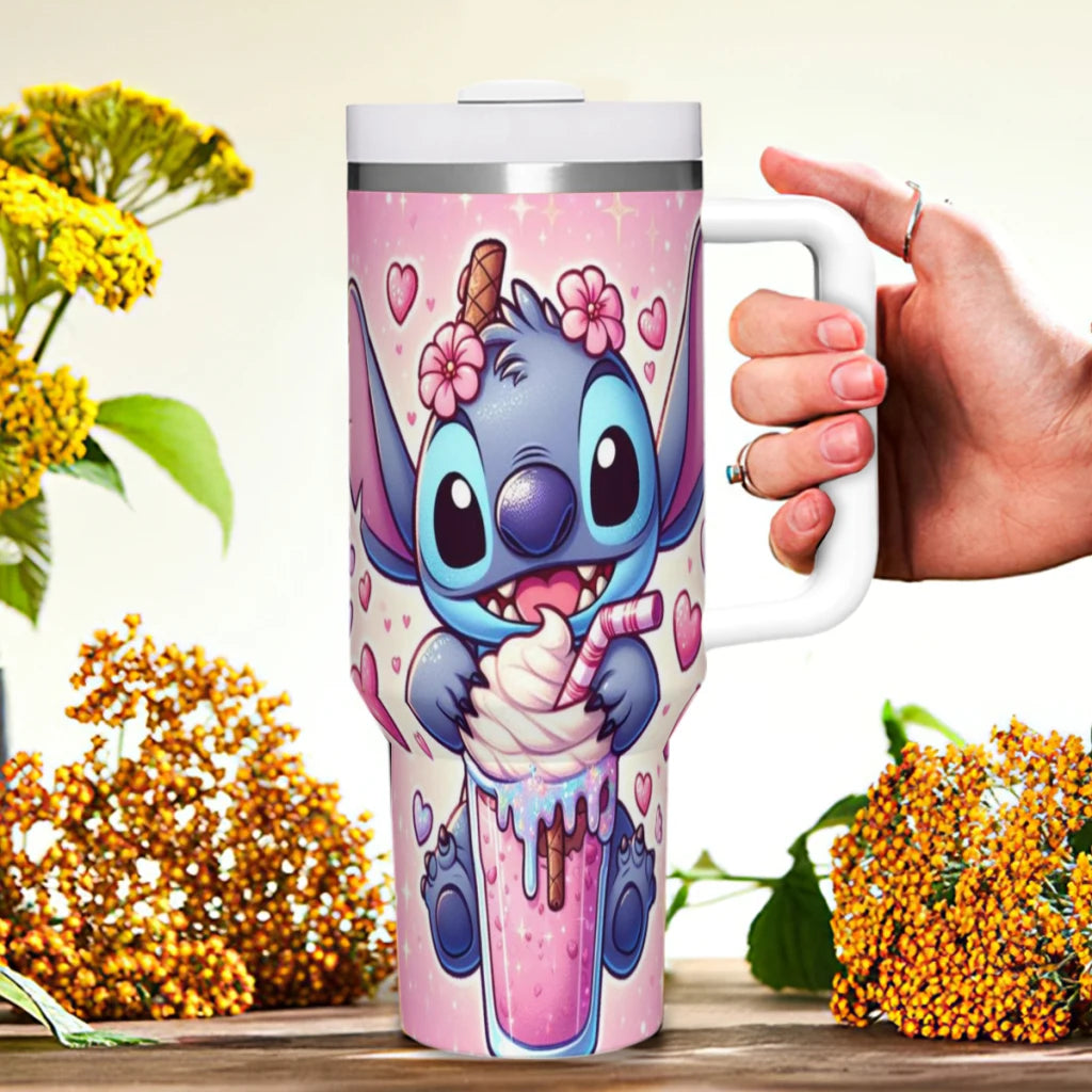 MINISO Stitch tumbler, 40oz, keeps drinks hot and cold, with straw