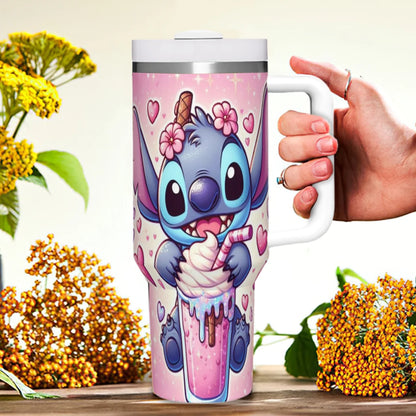 MINISO Stitch tumbler, 40oz, keeps drinks hot and cold, with straw