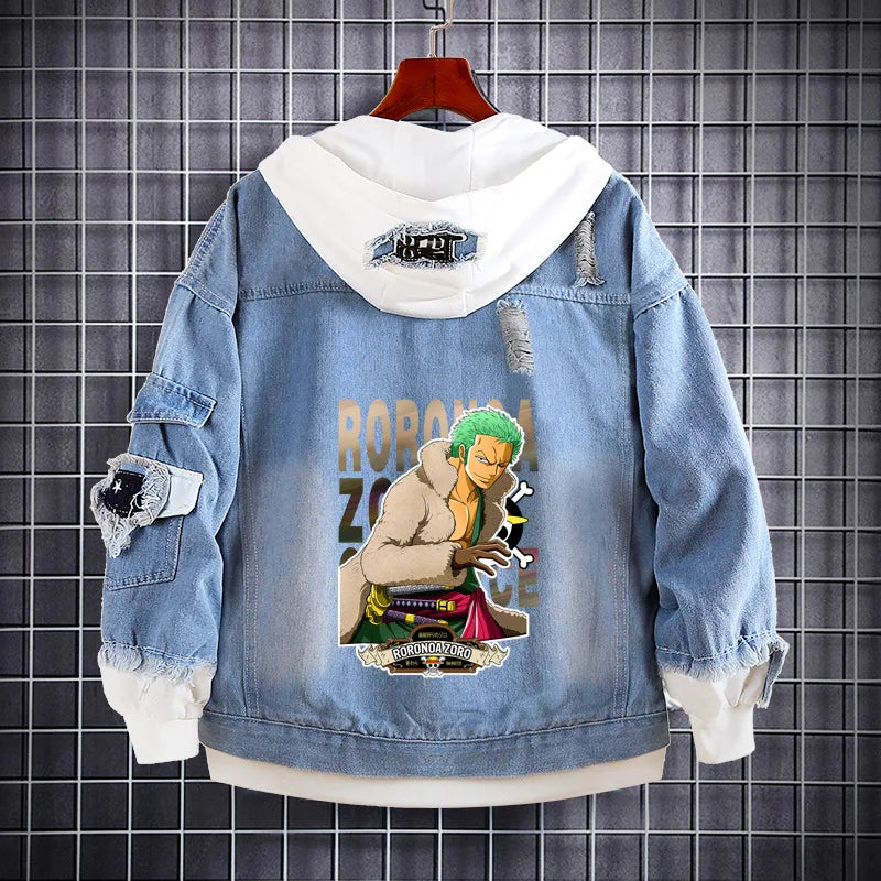 Zoro featured on One Piece denim jacket, back view with anime design.