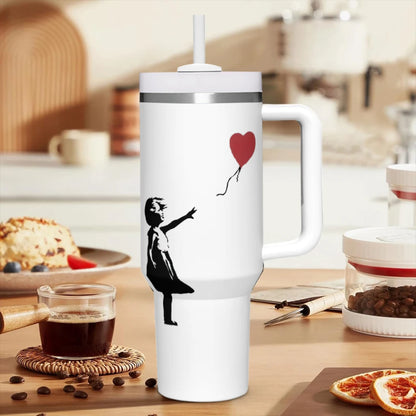 40oz Banksy Tumbler with Handle, Girl With Balloon Art - Side Angle