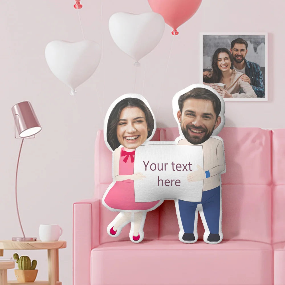 Personalized couple face pillow, showing [Man's Name] and [Woman's Name]'s faces, close-up.