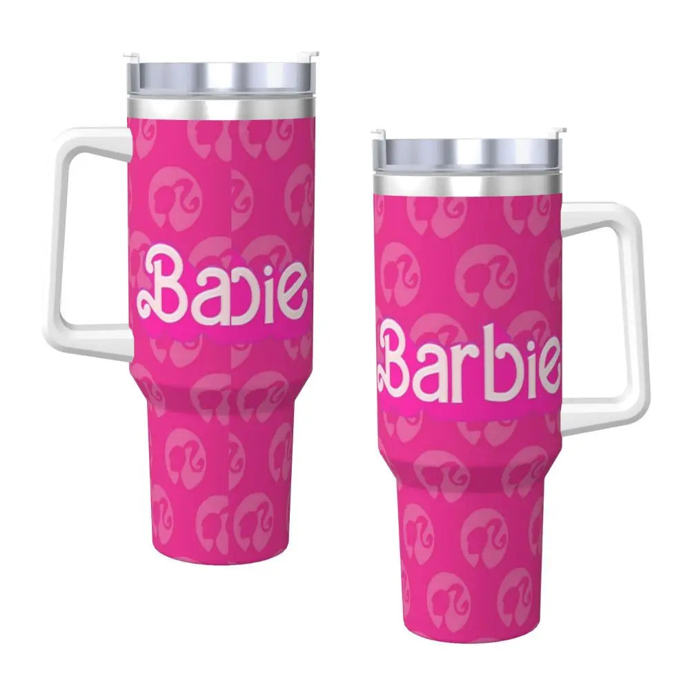 MINISO 40 oz Stainless Steel Tumbler, Barbie Design, Pink, Handle, Straw, Insulated