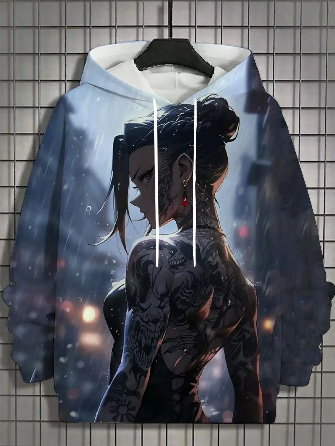 Close-up of Bad Girl Tattoo Design on Men's 3D Hoodie