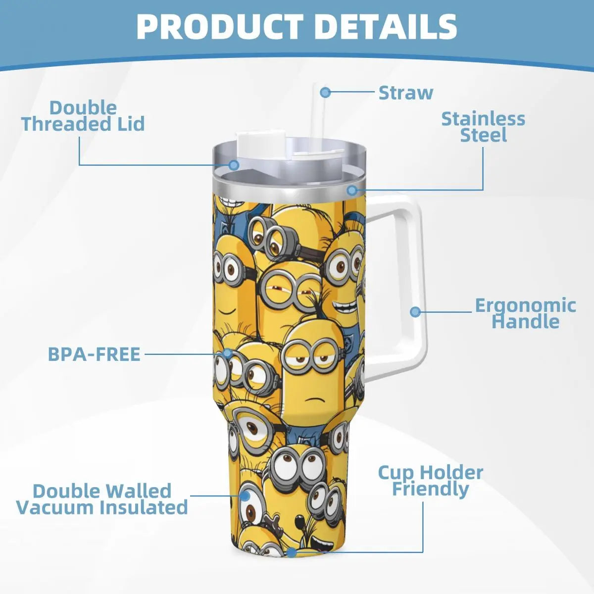 Officially licensed Minions tumbler, bottom view, highlighting stainless steel base.