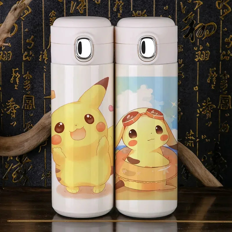 Official Pokemon Water Bottle - Side view, stainless steel, leak-proof lid.