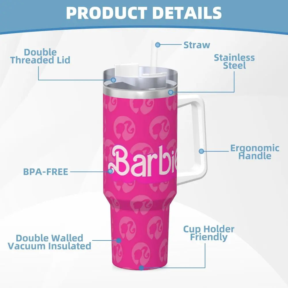 MINISO Barbie 40 oz Tumbler, Pink, Stainless Steel, Insulated, Handle, Straw