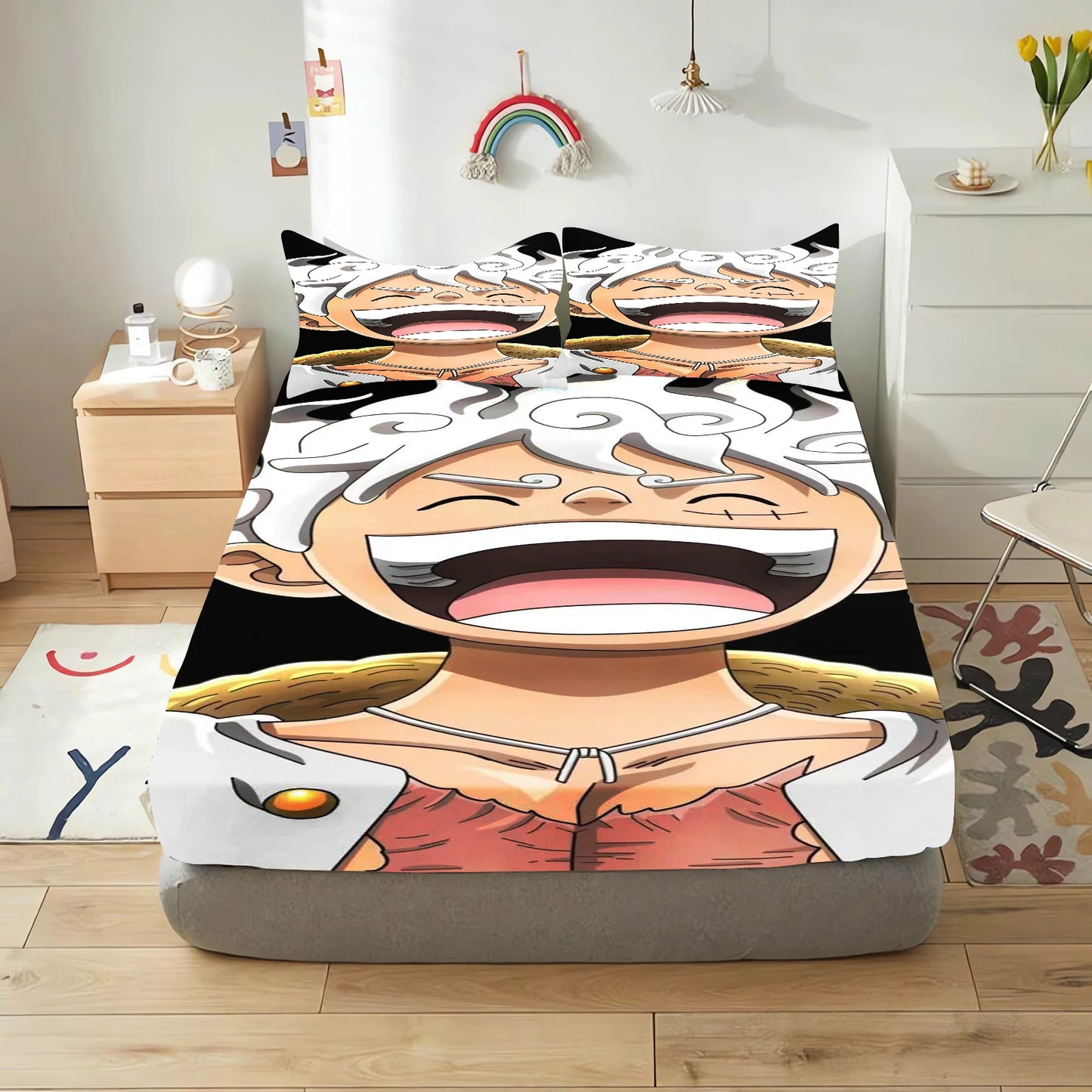 Pillowcase Detail: Matching One Piece Fitted Sheet Set with Luffy