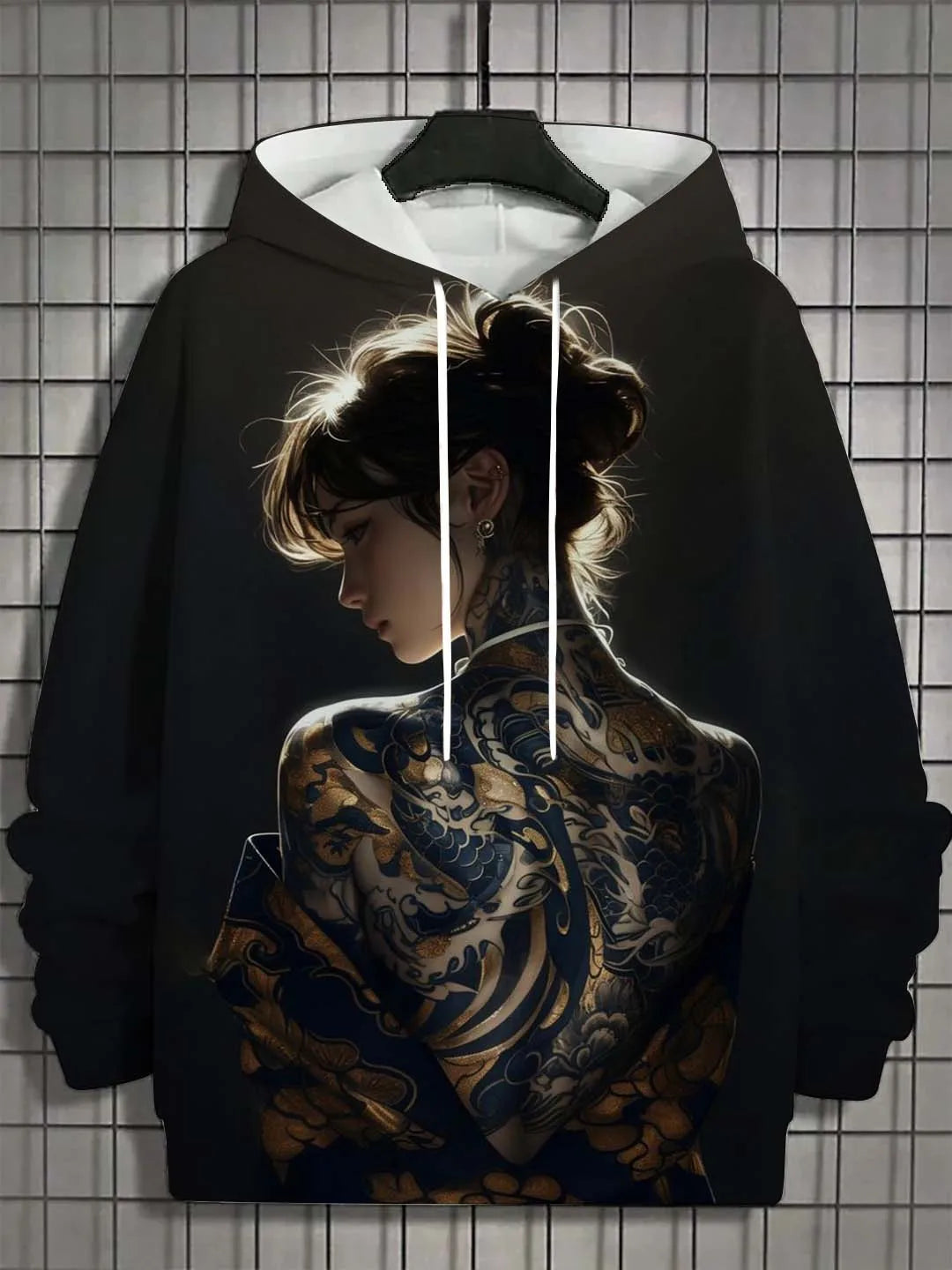 Casual men's hoodie, 3D printed, bad girl tattoo design, side profile.