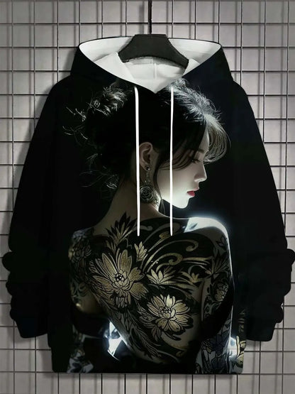 Men's 3D printed hoodie, bad girl tattoo design, close-up of front print.