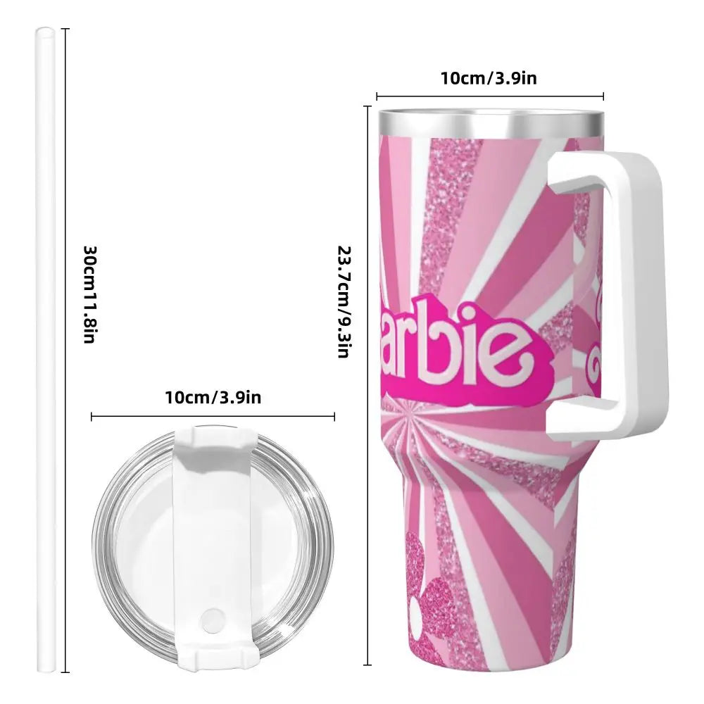 MINISO Barbie 40 oz Tumbler, Pink, Stainless Steel, Insulated, Handle, Straw