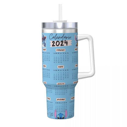 Top view of MINISO Stitch 40oz tumbler, lid and straw detail, insulated for hot and cold.