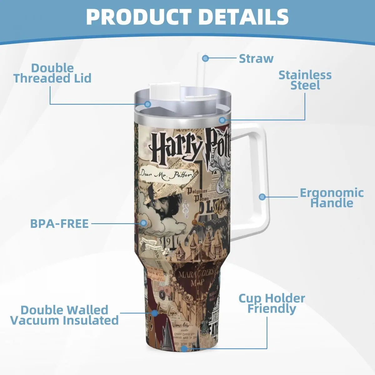 Harry Potter Tumbler Design 6:The spill-proof lid of the Harry Potter tumbler, demonstrating its secure closure and travel-friendly design. (Highlights a key feature and benefit)