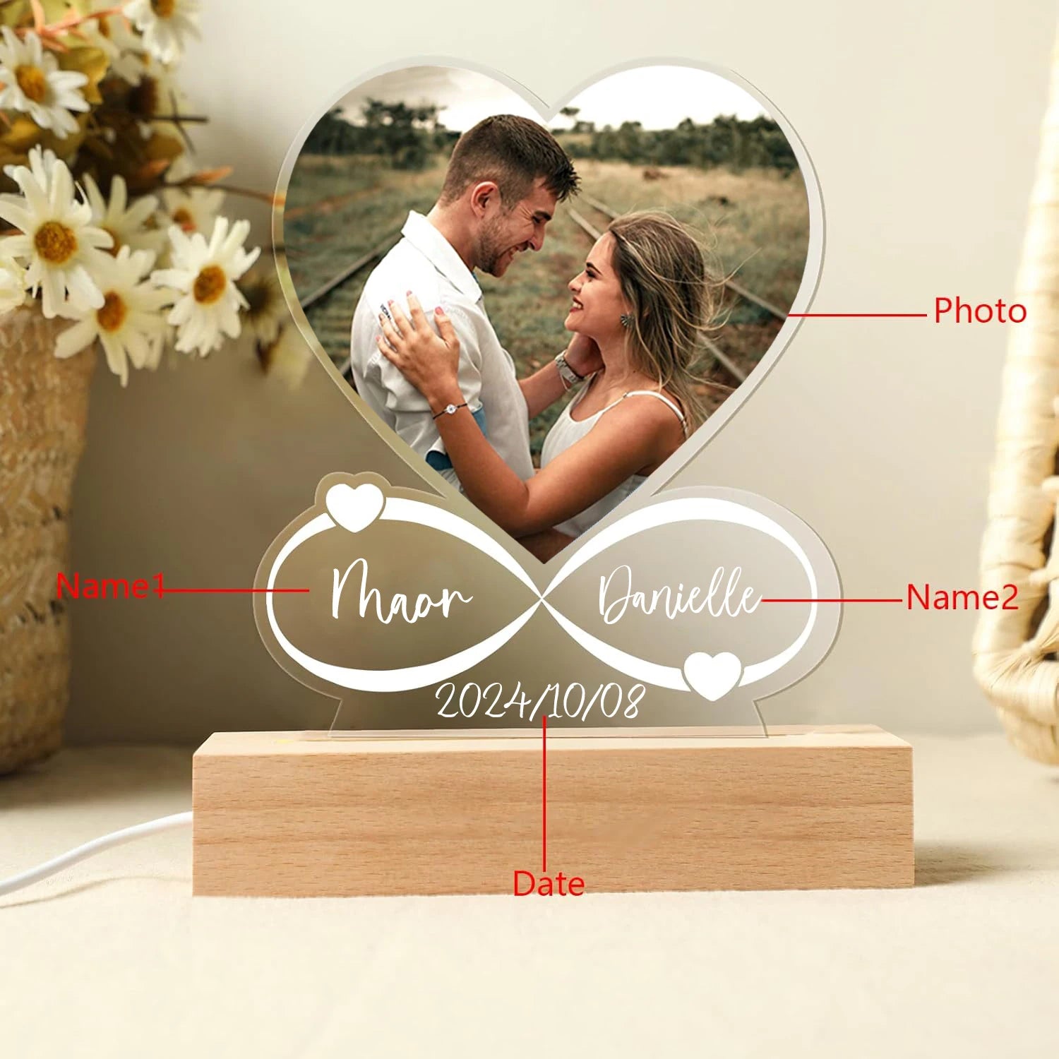 Custom LED Photo Frame: Close-up of Engraved Names on Valentine's Gift.