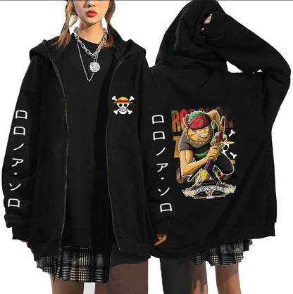 One Piece Hoodie: Luffy & Zoro Front Design. (Focuses on key characters and the view)