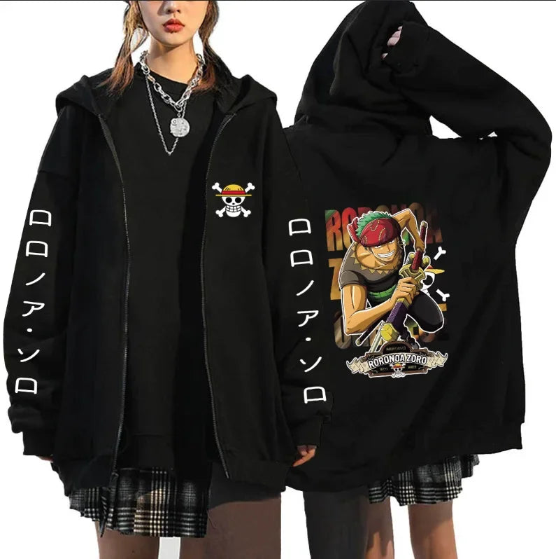 Black zip-up hoodie with hood up, Luffy and Zoro anime design, full view.