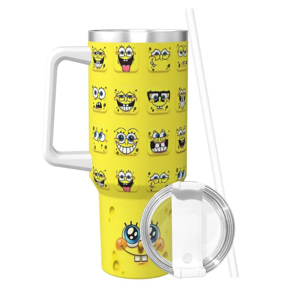 Stanley Tumbler 3D Funny Anime Stainless Steel Spongebob Cartoon Thermal Cup with Straw and Lid, Large Mug, Cold Drink Water Bottle, Owala Tumbler