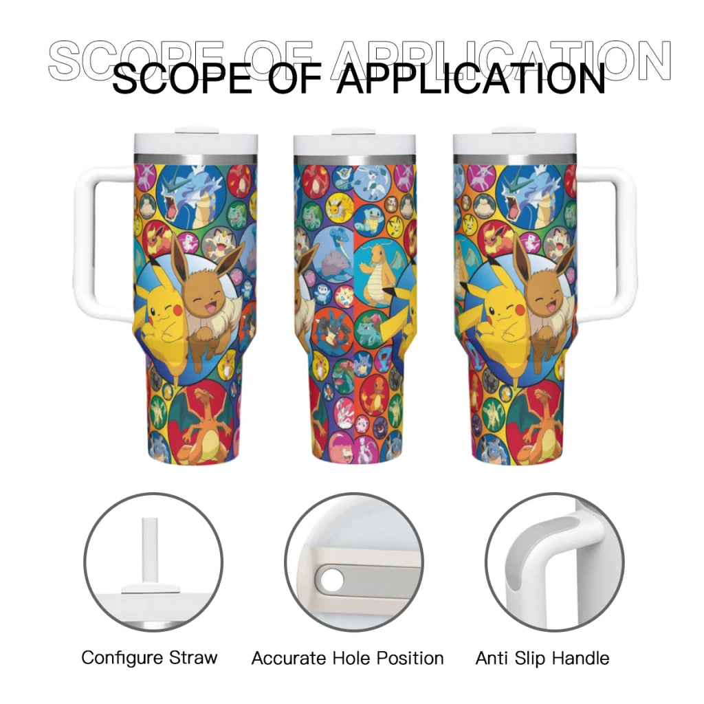 MINISO Pokemon 40oz Tumbler, stainless steel, Pikachu design with lightning bolts, handle and straw.