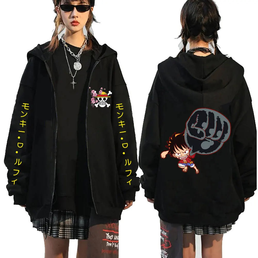 One Piece Hoodie: Luffy & Zoro Front Design. (Focuses on key characters and the view)