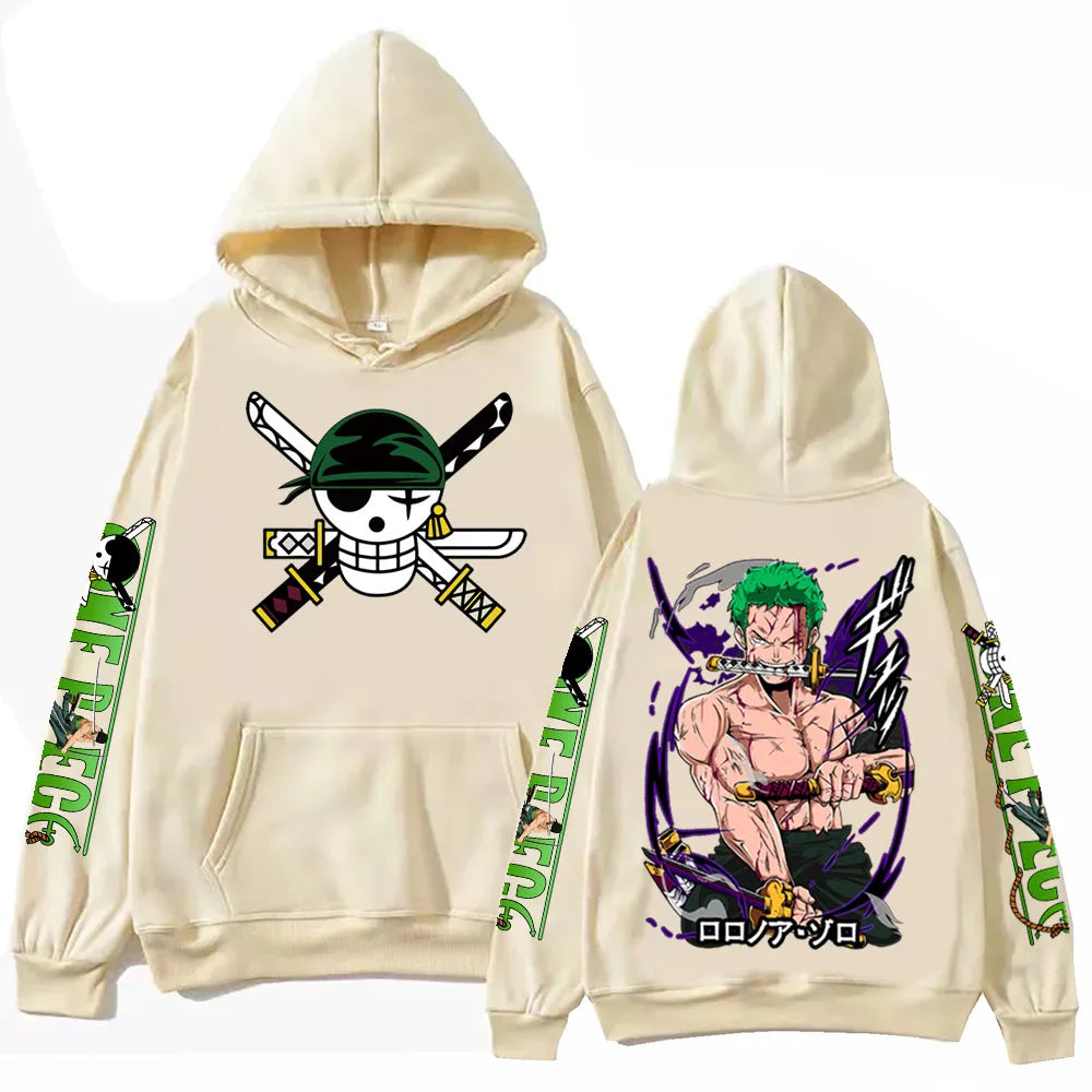 Back view of One Piece Zoro hoodie, showcasing unisex design and fit.