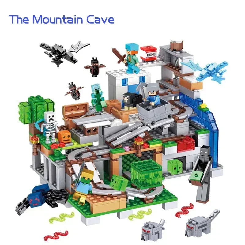 Minecraft Mountain Cave playset: multi-level build with waterfall, minecart track, and Steve figure.