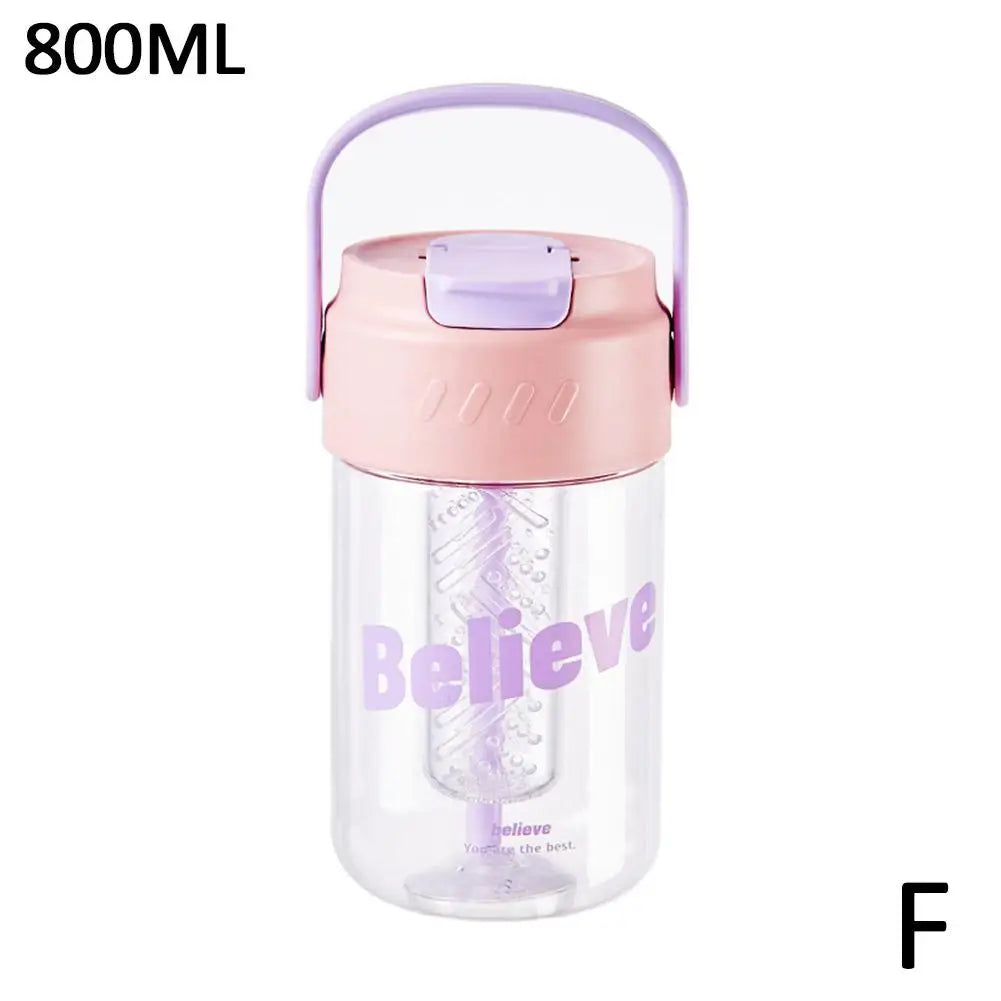 600ml pink water bottle, eco-friendly, leak-proof with straw, built-in handle for easy carrying.