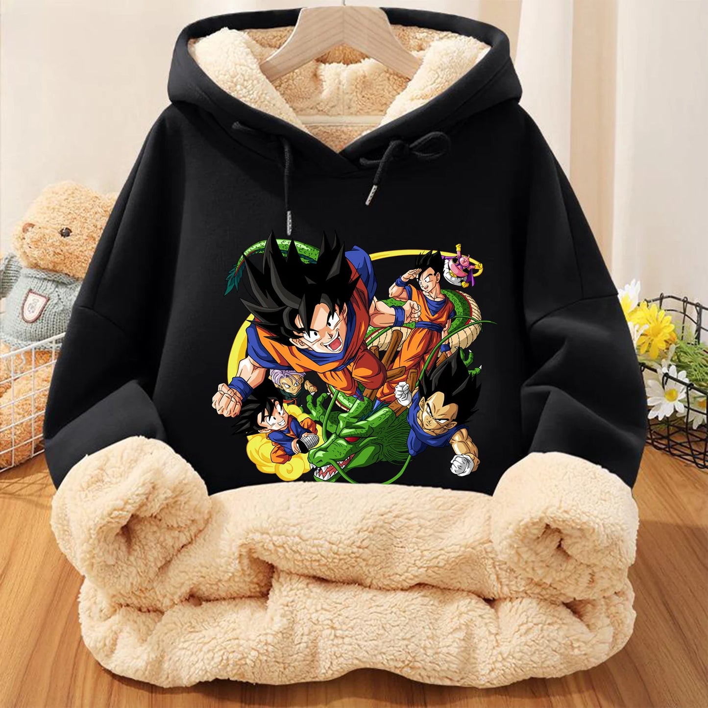 Dragon Ball Z Goku hoodie for kids, back view, Goku's Kanji symbol, black fleece, official Bandai product.