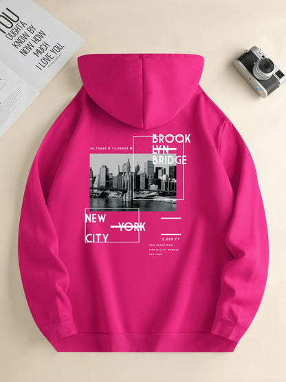 Men's hoodie, city print, close-up of design, Valentine's gift idea.