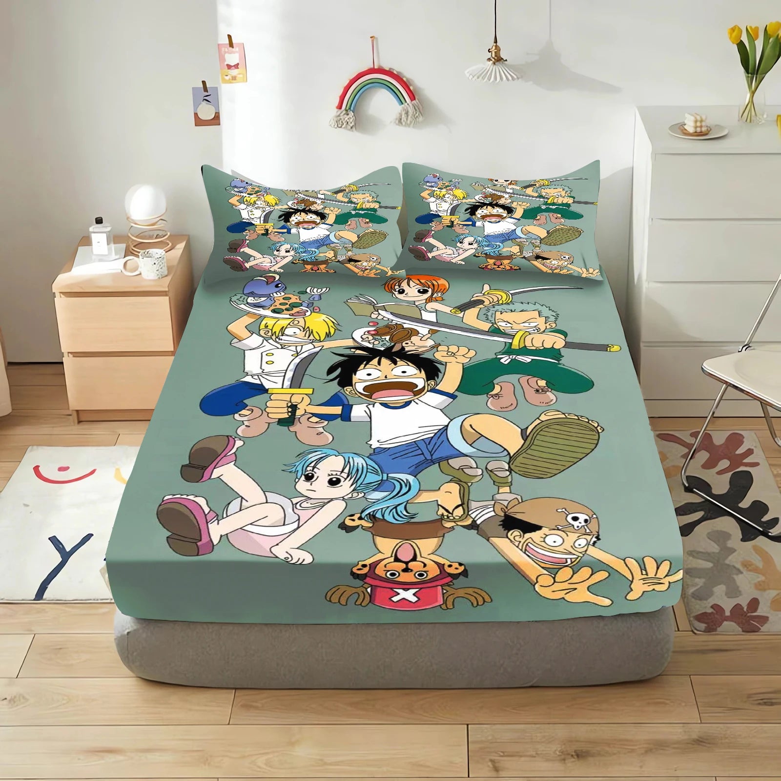 Full-size One Piece Luffy sheet set, vibrant print on a white background, ideal for kids' bedrooms.