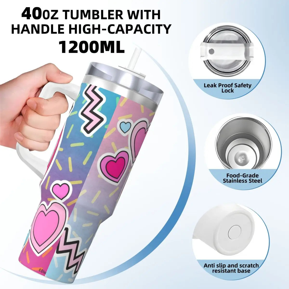 MINISO Disney Stitch tumbler, 40oz capacity, insulated, featuring straw and handle, angled view.