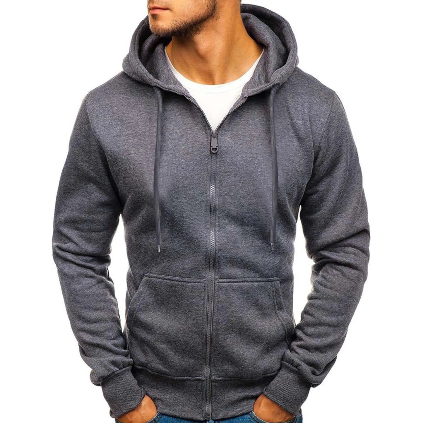 Men's Heather Gray Fleece Hoodie - Showing Kangaroo Pocket Detail