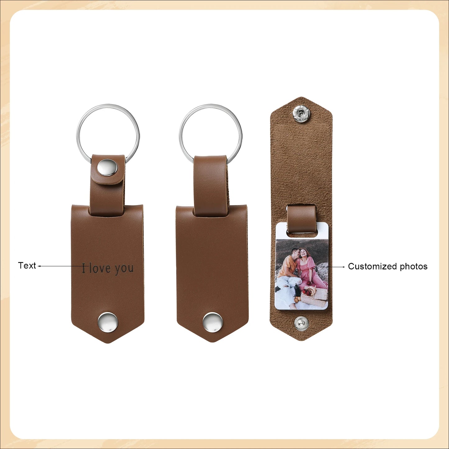 Custom photo keychain, heart-shaped, black leather strap, steel charm, gift for her.