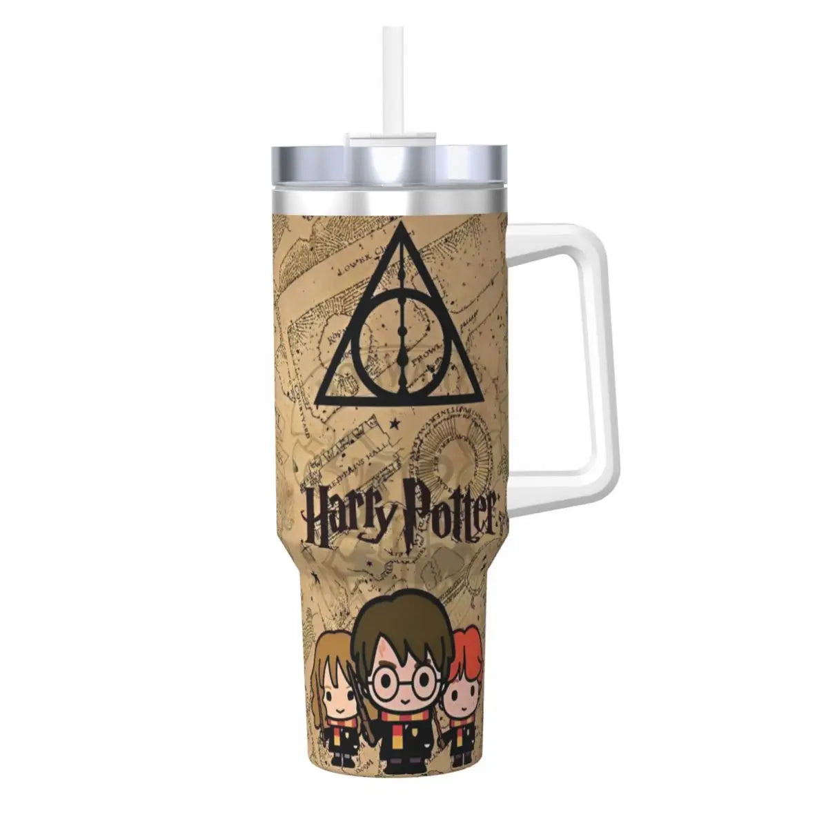 Harry Potter Tumbler Design, Close-up of Harry Potter Tumbler, Harry Potter Tumbler Features, Harry Potter Tumbler Size Comparison