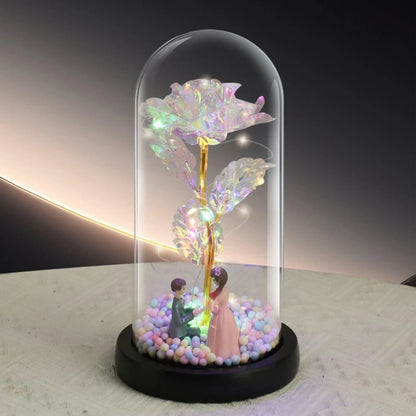 Preserved rose in glass dome with LED fairy lights, romantic gift.